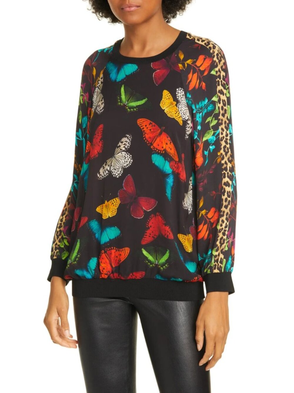 Alice + Olivia Calvin Mixed Print Floral Leopard Sweatshirt Top Size Small